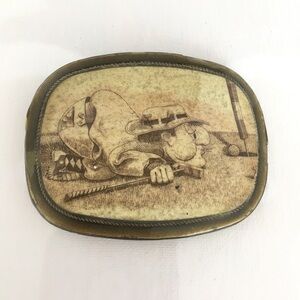 Vintage Novelty Brass Belt Buckle Cartoon Golfer Blowing Golf Ball Into The Hole